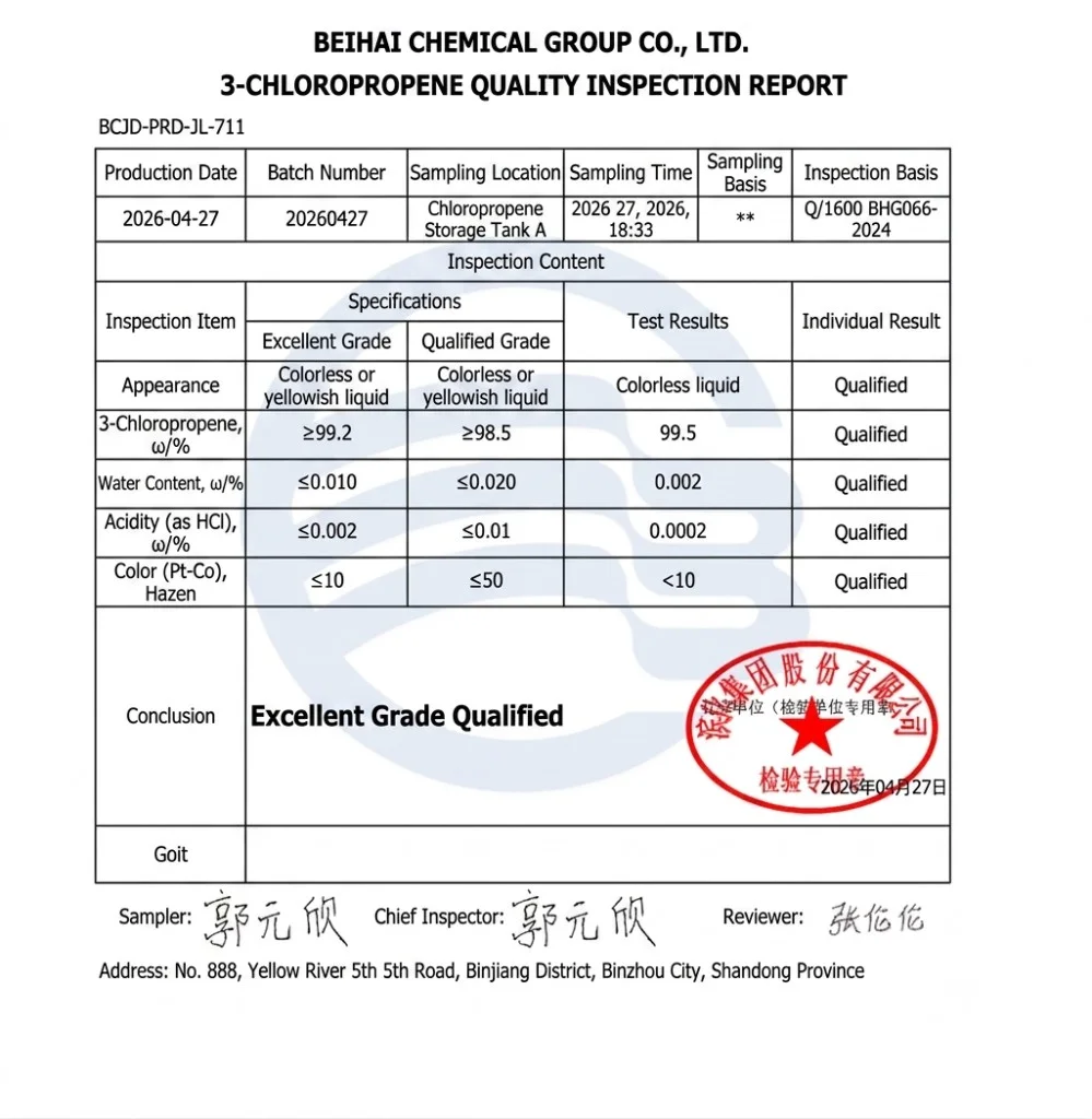 Ejemplo de certificado de análisis (COA) para inspección de lote de cloruro de alilo / 3-cloropropeno de alta pureza