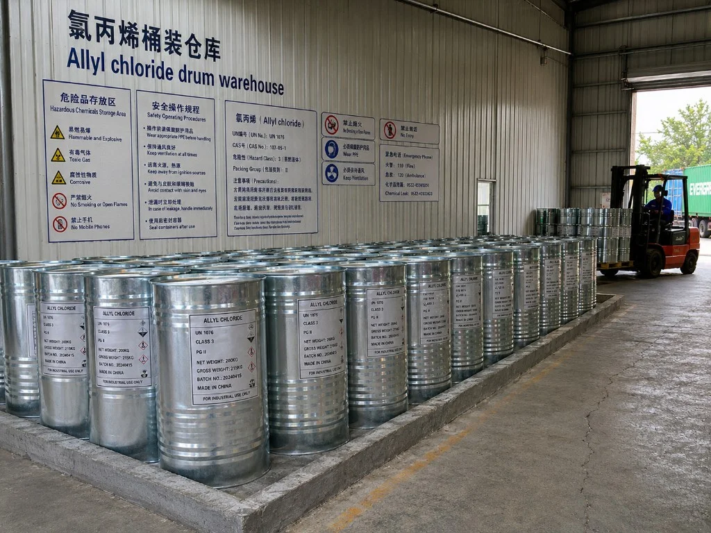 Almacén de tambores de cloruro de alilo: tambores de acero etiquetados listos para uso industrial y logística de exportación
